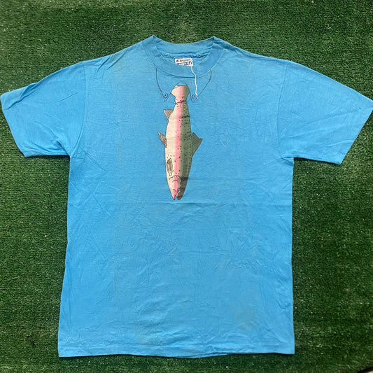 Vintage 80s Trout Tie Funny Fishing Humor Single Stitch Tee
