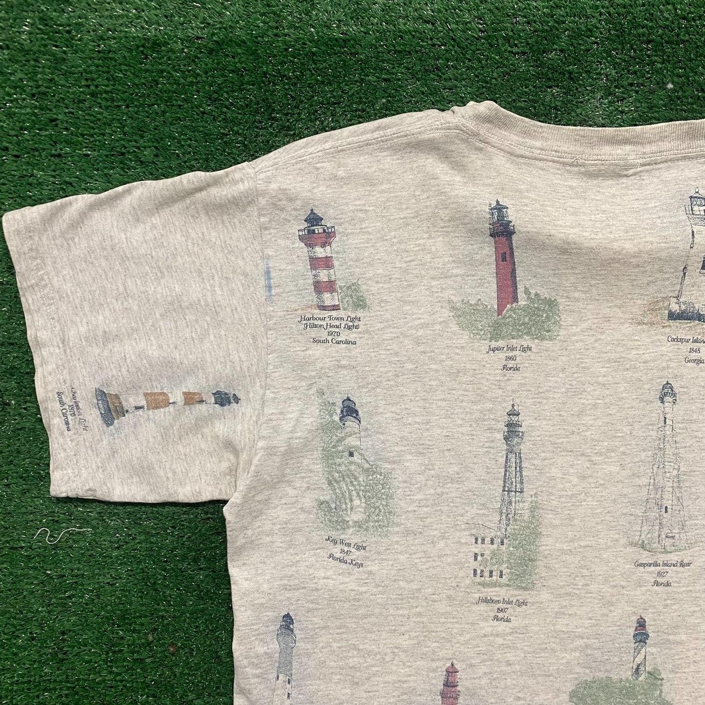 Vintage 90s Lighthouse Print AOP Shirt Preppy Nautical Tee