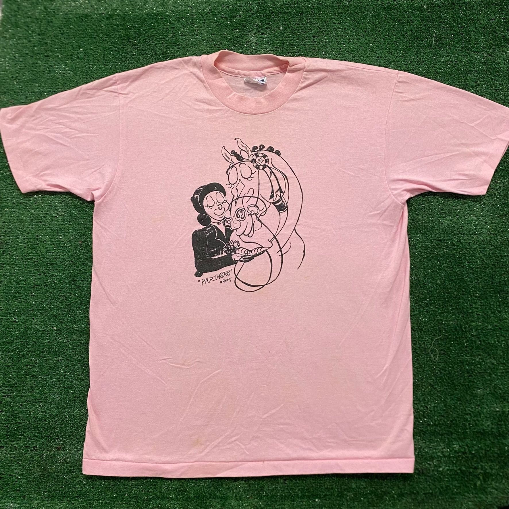 Vintage 80s Horse Riding Comic Sketch Art Single Stitch Tee