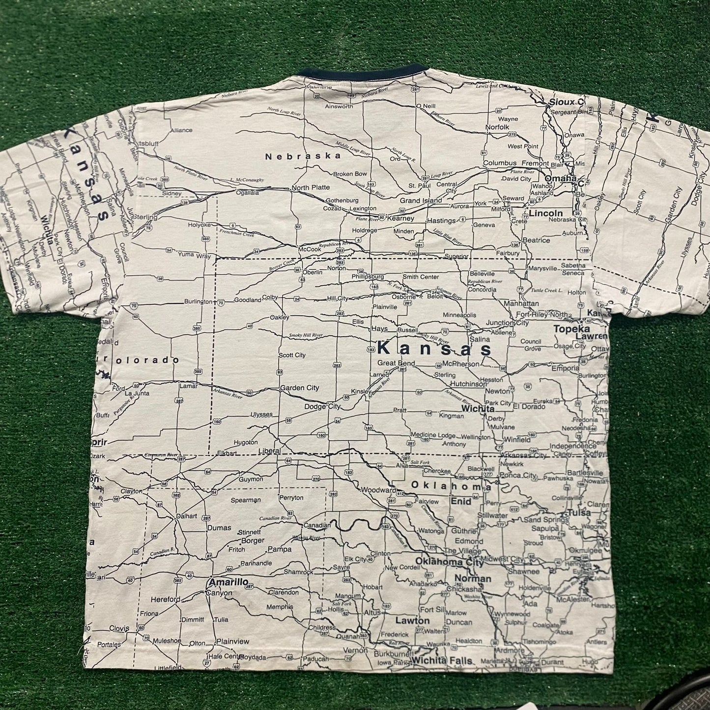 Vintage 90s Essential Kansas Road Map All Over Print T-Shirt