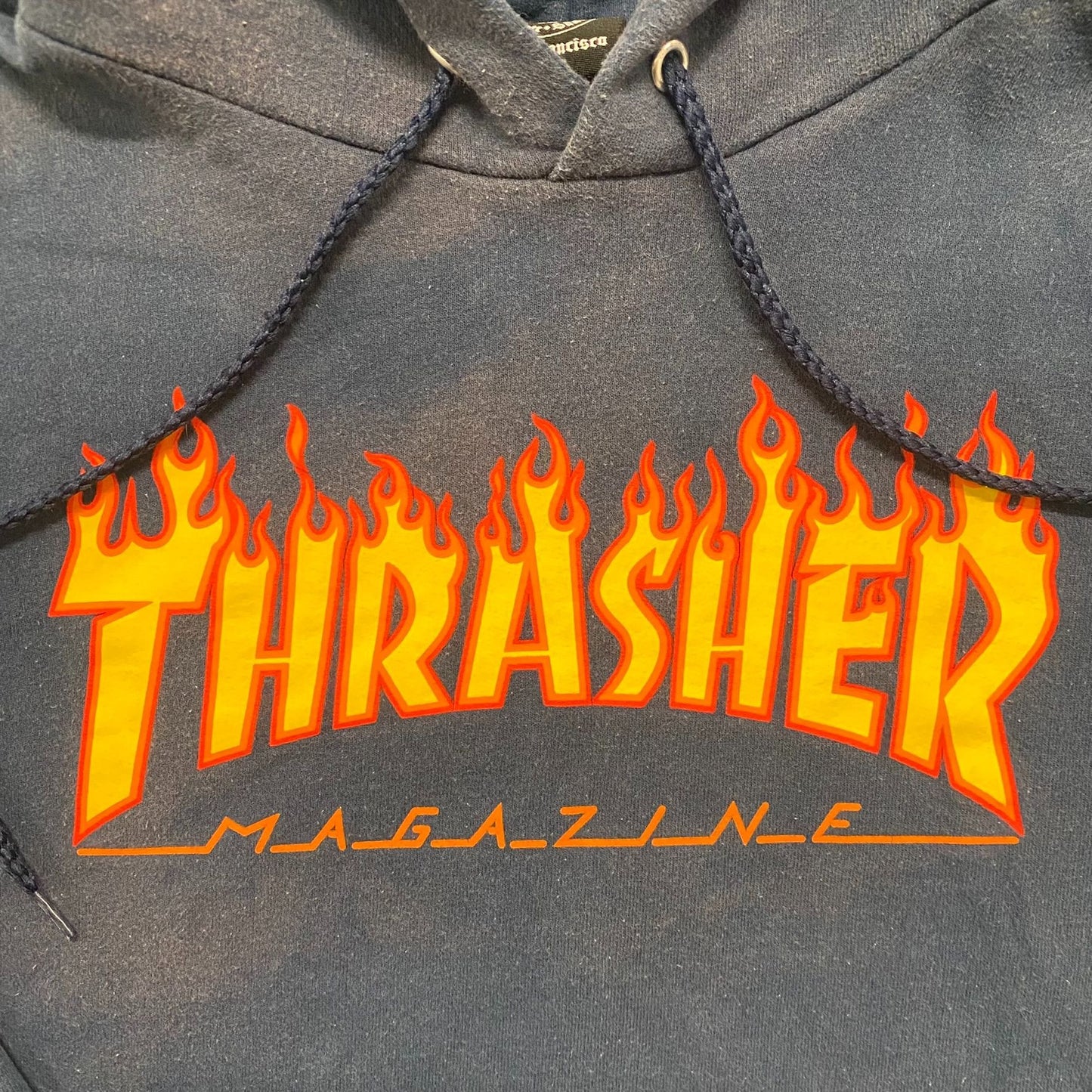 Vintage Y2K Thrasher Magazine Flame Logo Faded Navy Hoodie