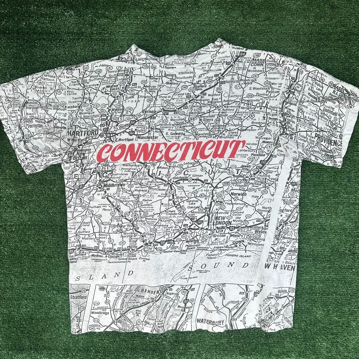 Vintage 90s Connecticut Road Map AOP T-Shirt White L Single Stitch CT Souvenir