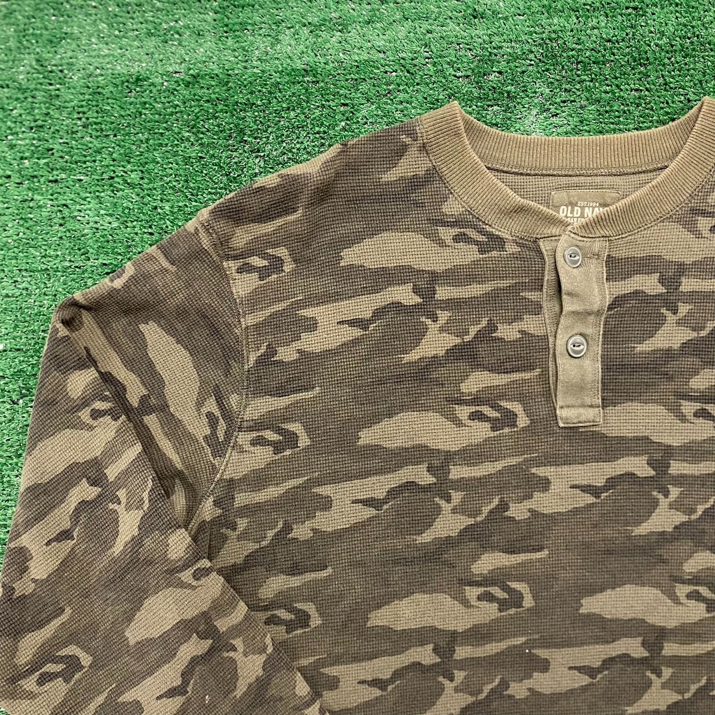Vintage Y2K Forest Camo Essential Baggy Thermal Henley Tee