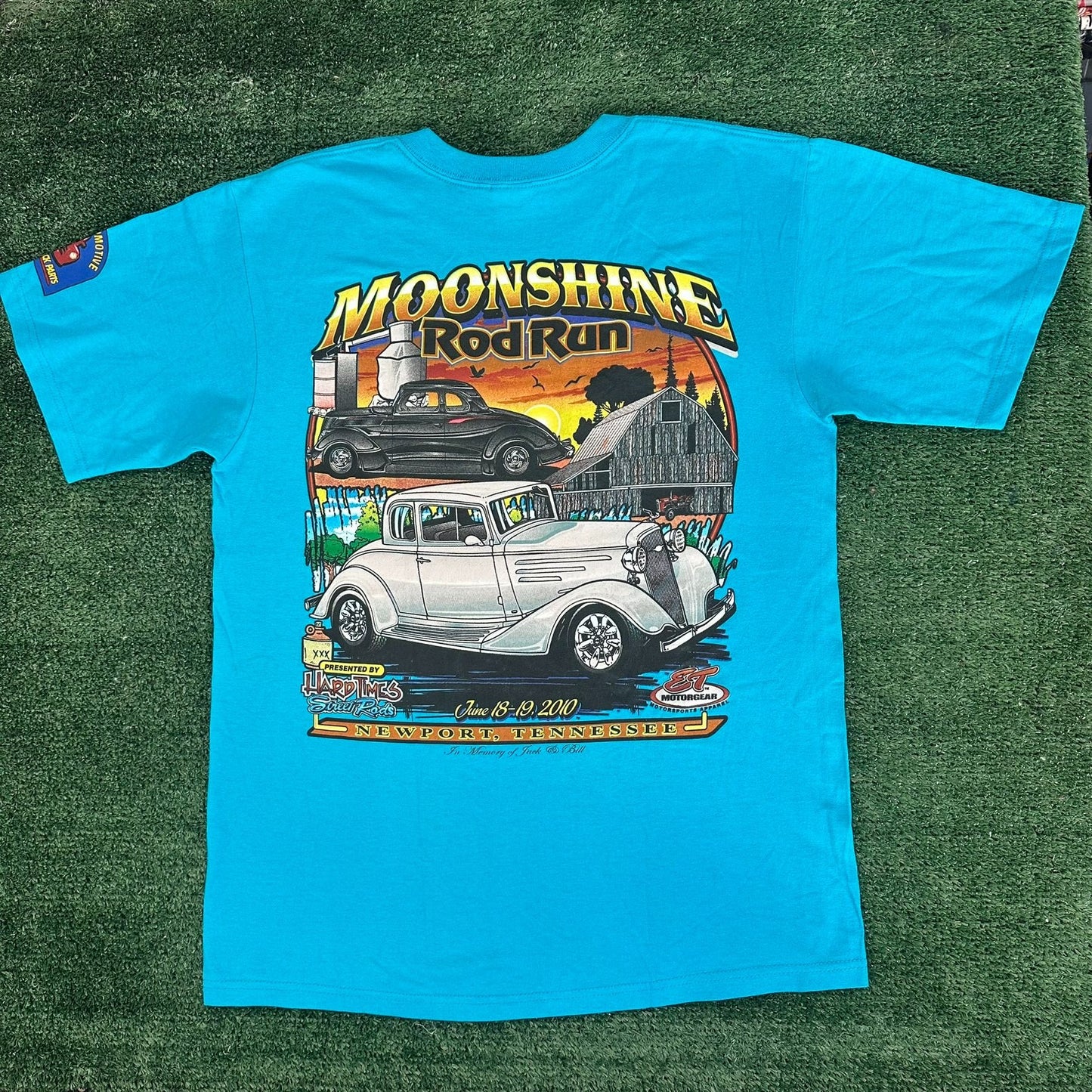 Vintage Y2K Moonshine Rod Run Car Show T-Shirt Blue M Retro Classic Hot Rod
