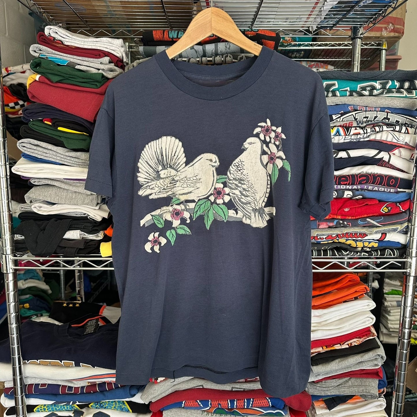 Vintage 90s Birds Floral Nature T-Shirt Puff Print Single Stitch Cottage Navy L