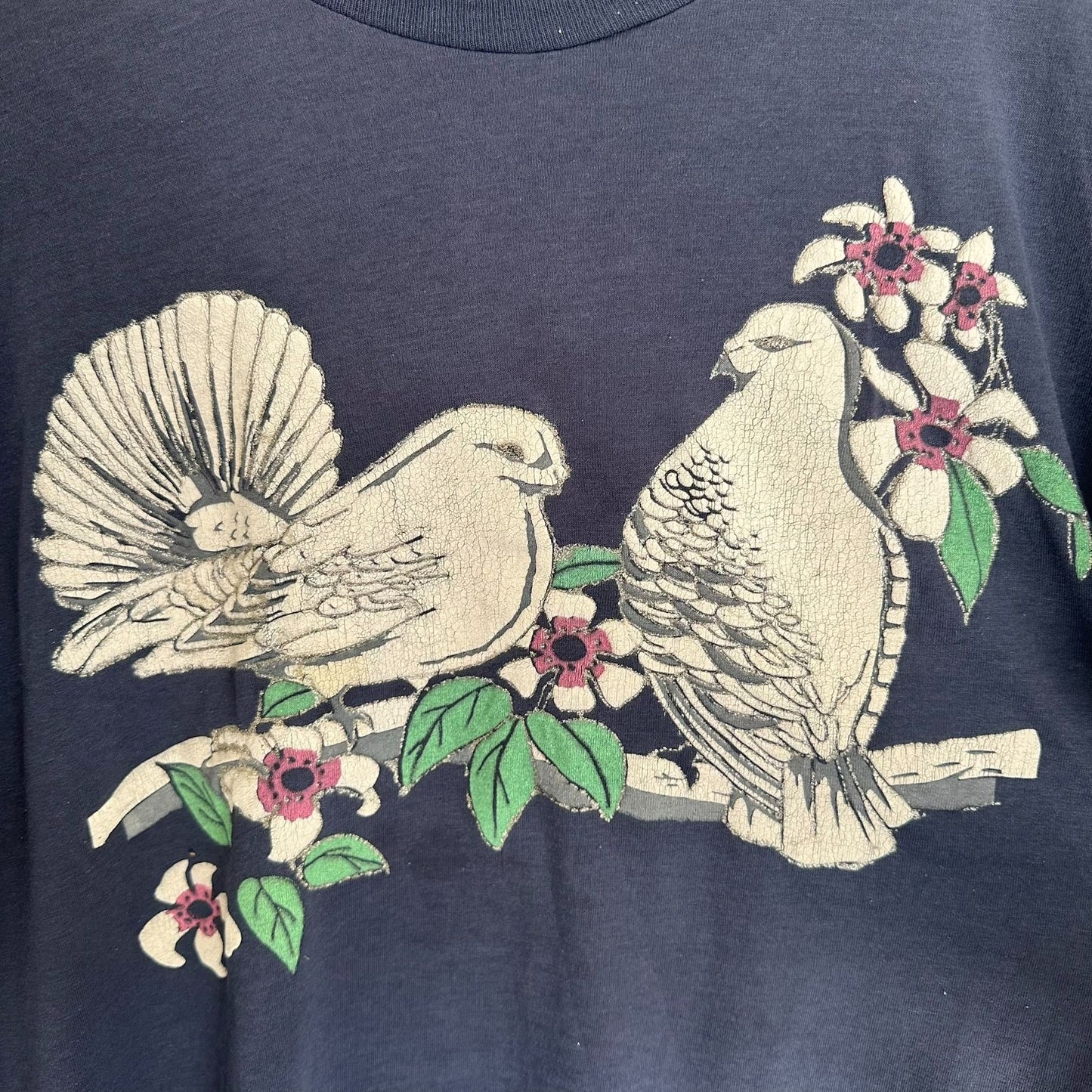Vintage 90s Birds Floral Nature T-Shirt Puff Print Single Stitch Cottage Navy L