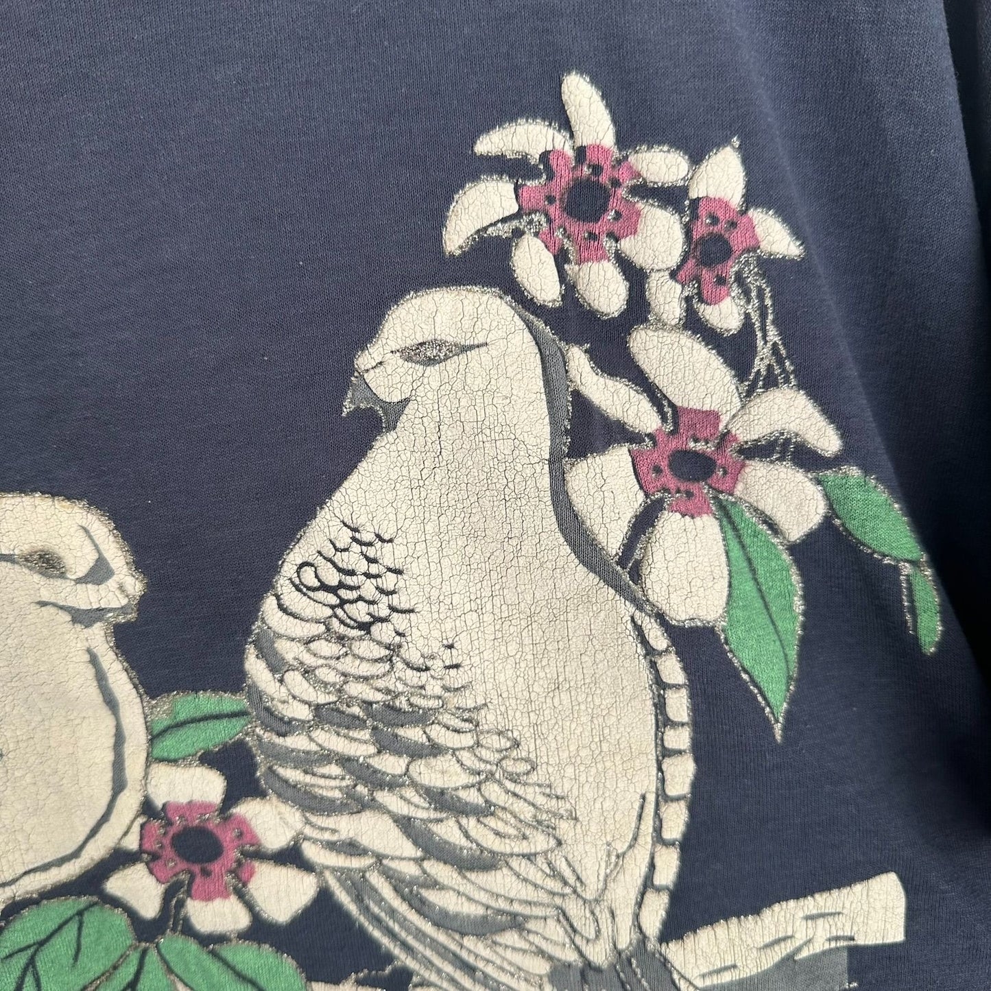 Vintage 90s Birds Floral Nature T-Shirt Puff Print Single Stitch Cottage Navy L