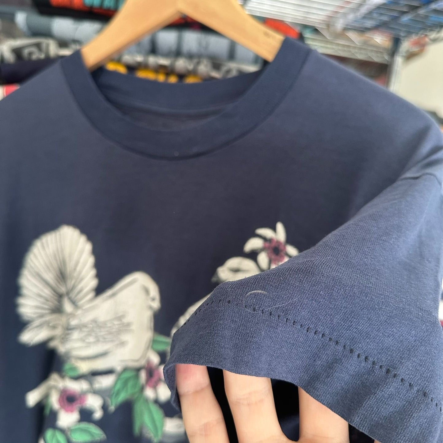 Vintage 90s Birds Floral Nature T-Shirt Puff Print Single Stitch Cottage Navy L