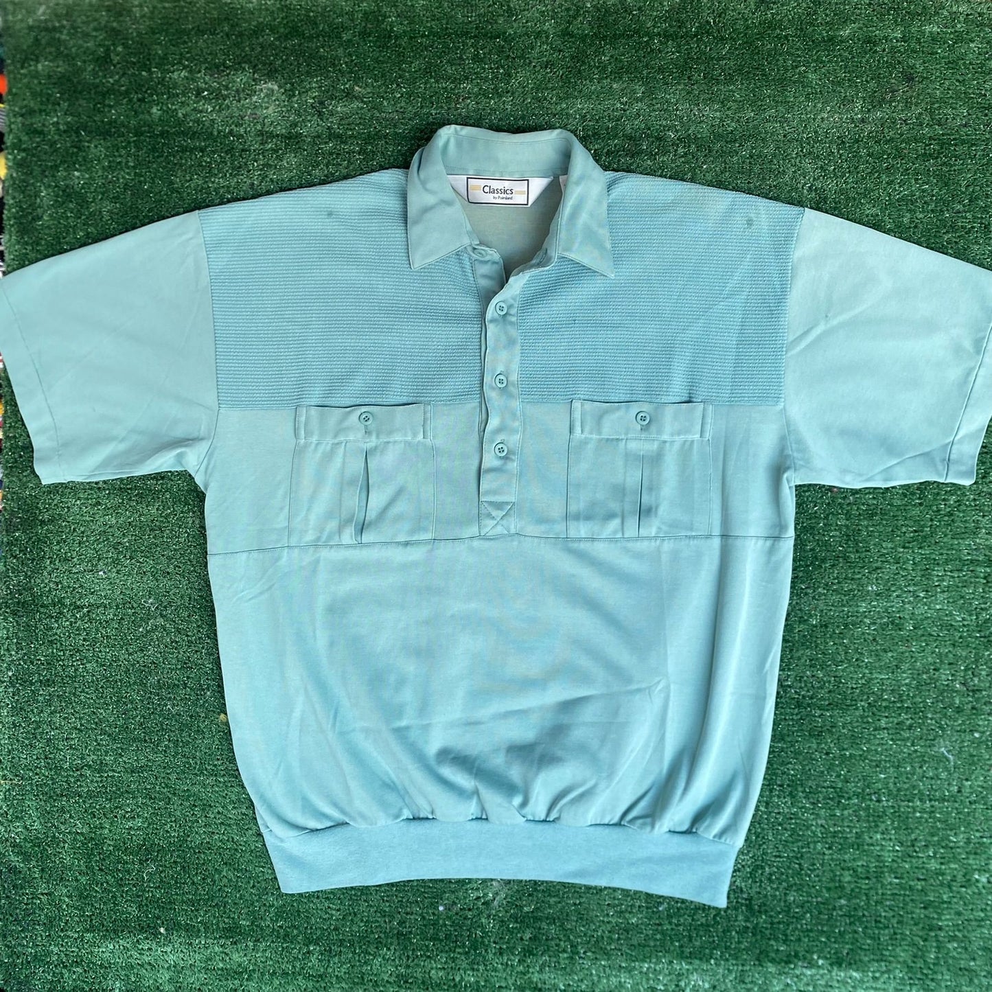 Vintage 80s Teal Banded Polo Shirt Preppy Single Stitch Golf