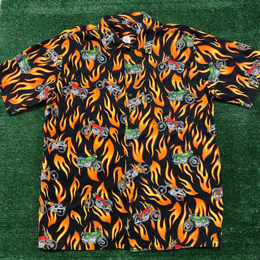Vintage Y2K Baggy Essential Flame Motorcycles Hawaiian Shirt