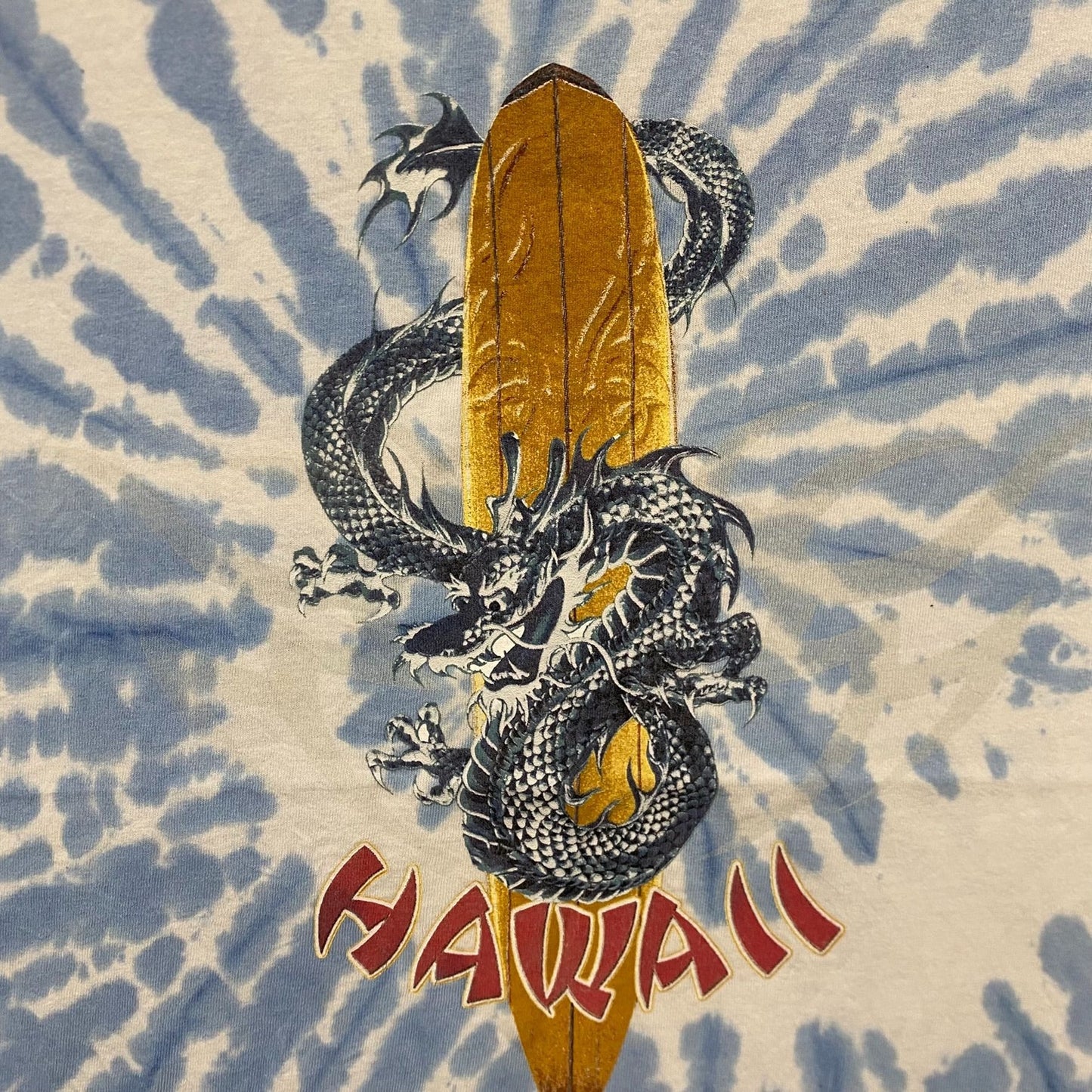 Vintage Y2K Hawaii Dragon Surfboard Tribal Tie Dye Tee