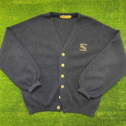 Navy Blue Vintage 1950s Alpaca Wool Knit Cardigan Sweater