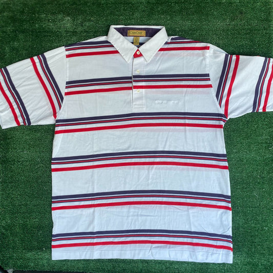 Vintage 80s Striped Polo Shirt White Golf Country Club Preppy