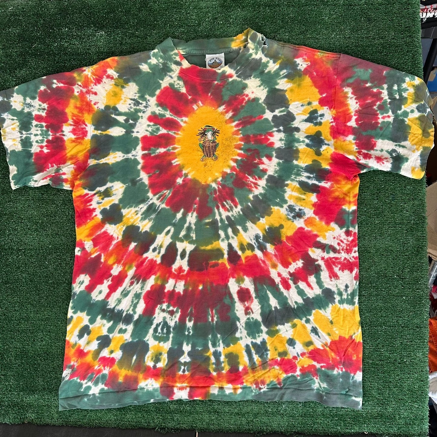 Vintage 90s Eye-Dye Rasta Frog T-Shirt Tie Dye Festival Skater Hippie Deadhead XL