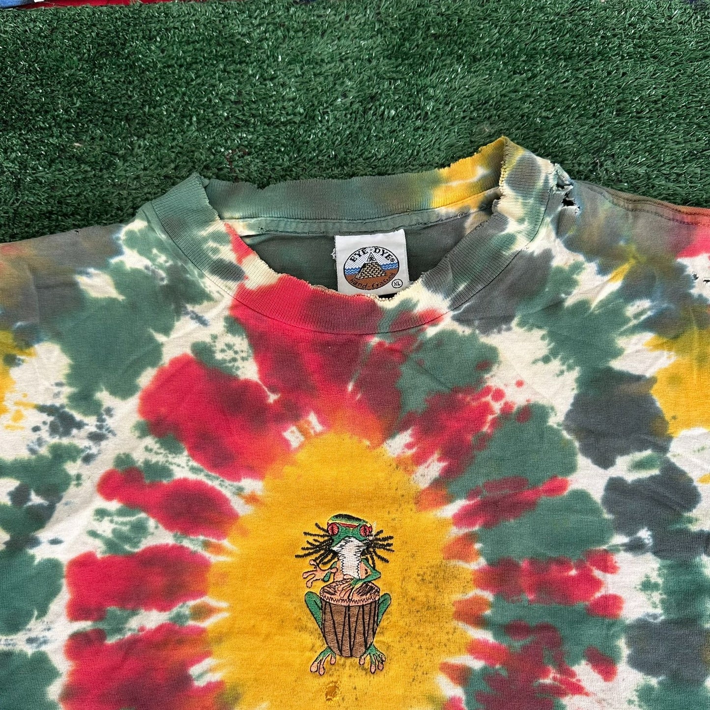 Vintage 90s Eye-Dye Rasta Frog T-Shirt Tie Dye Festival Skater Hippie Deadhead XL