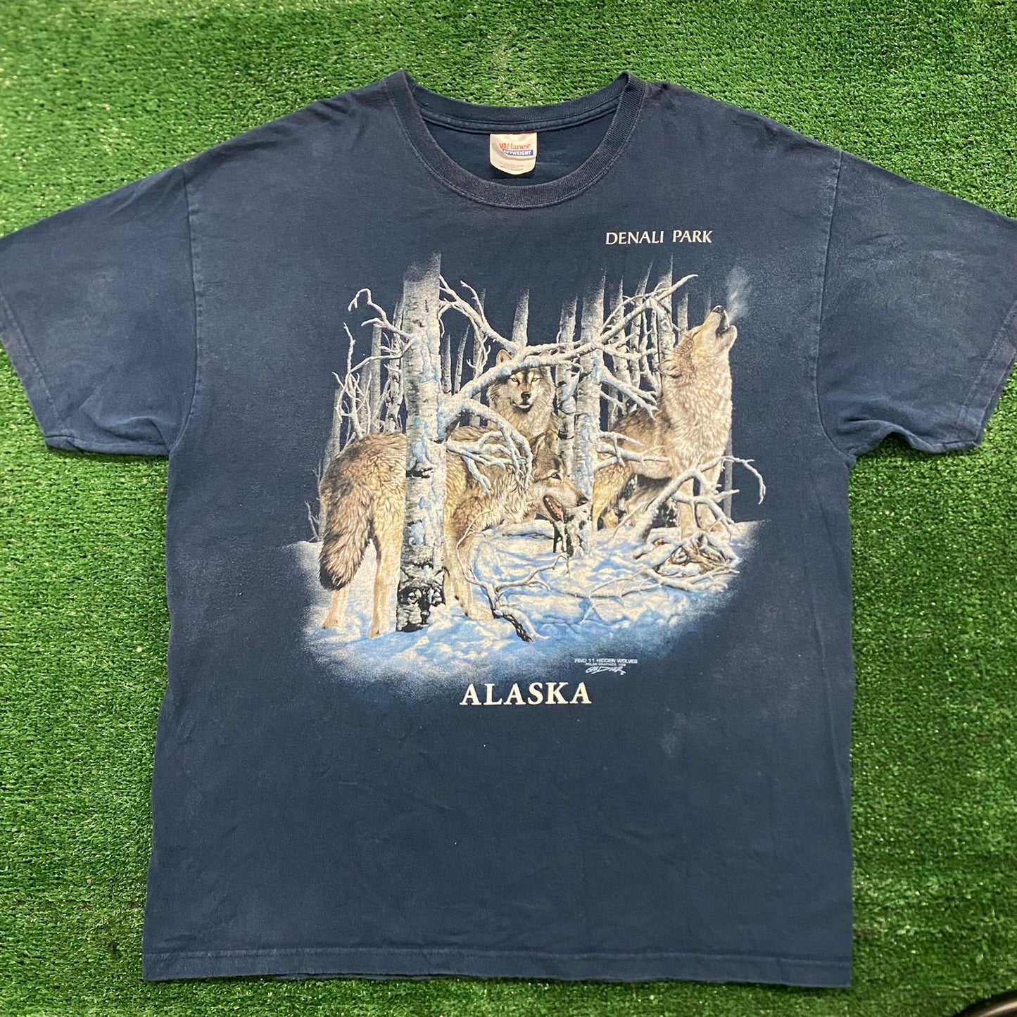 Vintage 90s Alaska Wolf Nature Landscape Art Tourist Tee