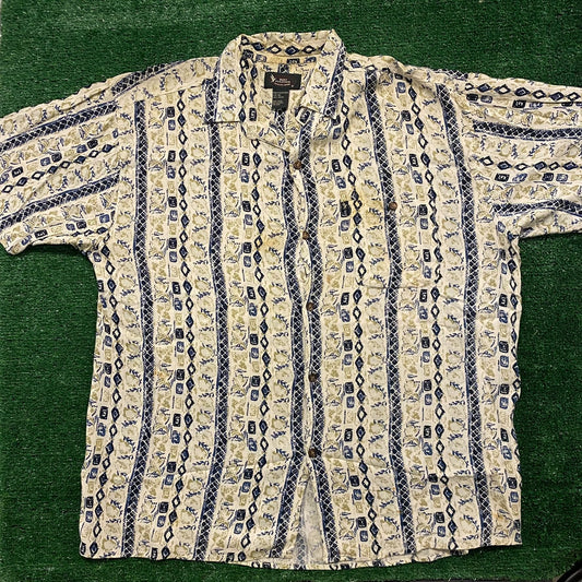 Striped Floral Vintage Golf Button Up Hawaiian Shirt