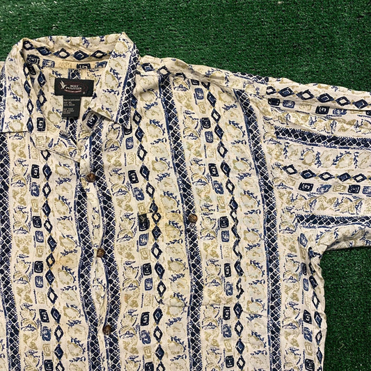 Striped Floral Vintage Golf Button Up Hawaiian Shirt