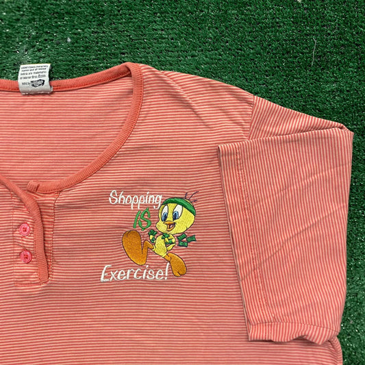 Vintage Y2K Looney Tunes Tweety Shopping Cartoon Henley Tee