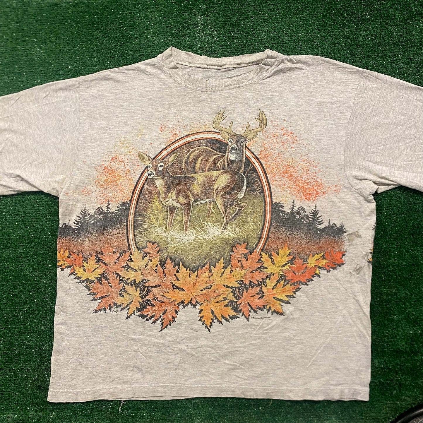 Vintage 90s Deer Autumn Nature Landscape Art Baggy Tee