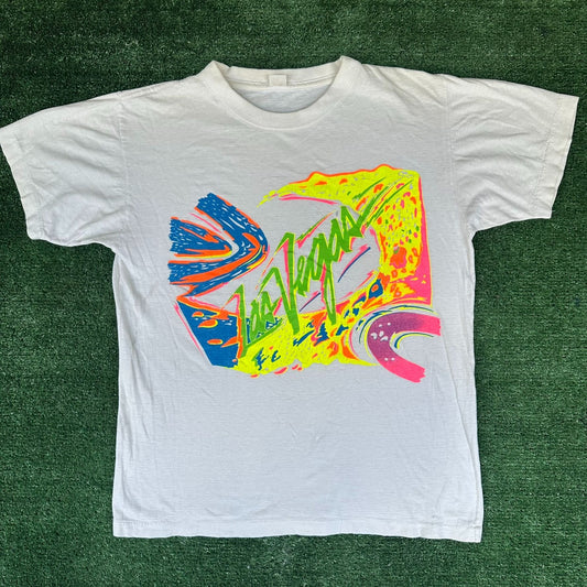 Vintage 80s Las Vegas T-Shirt Abstract Neon White M Single Stitch Colorful Rave