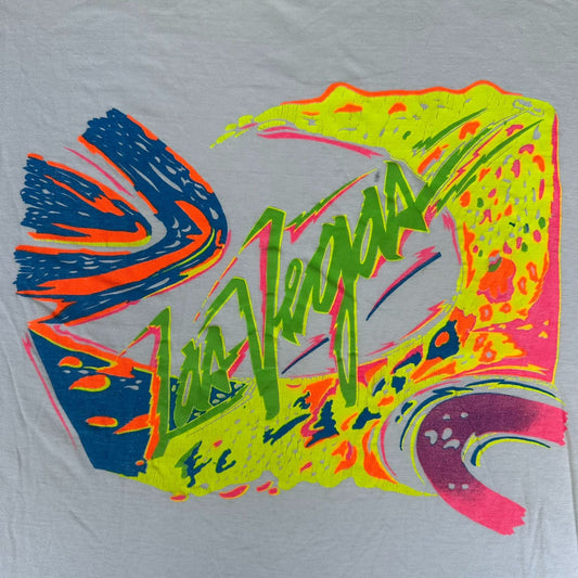 Vintage 80s Las Vegas T-Shirt Abstract Neon White M Single Stitch Colorful Rave