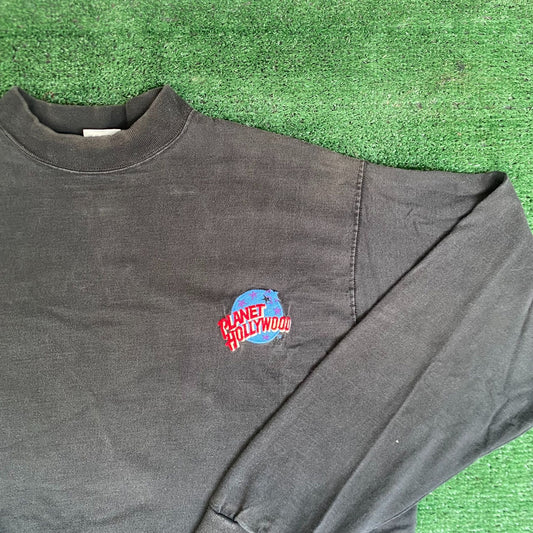 Vintage 90s Planet Hollywood Shirt Sun Faded Black Logo Tee