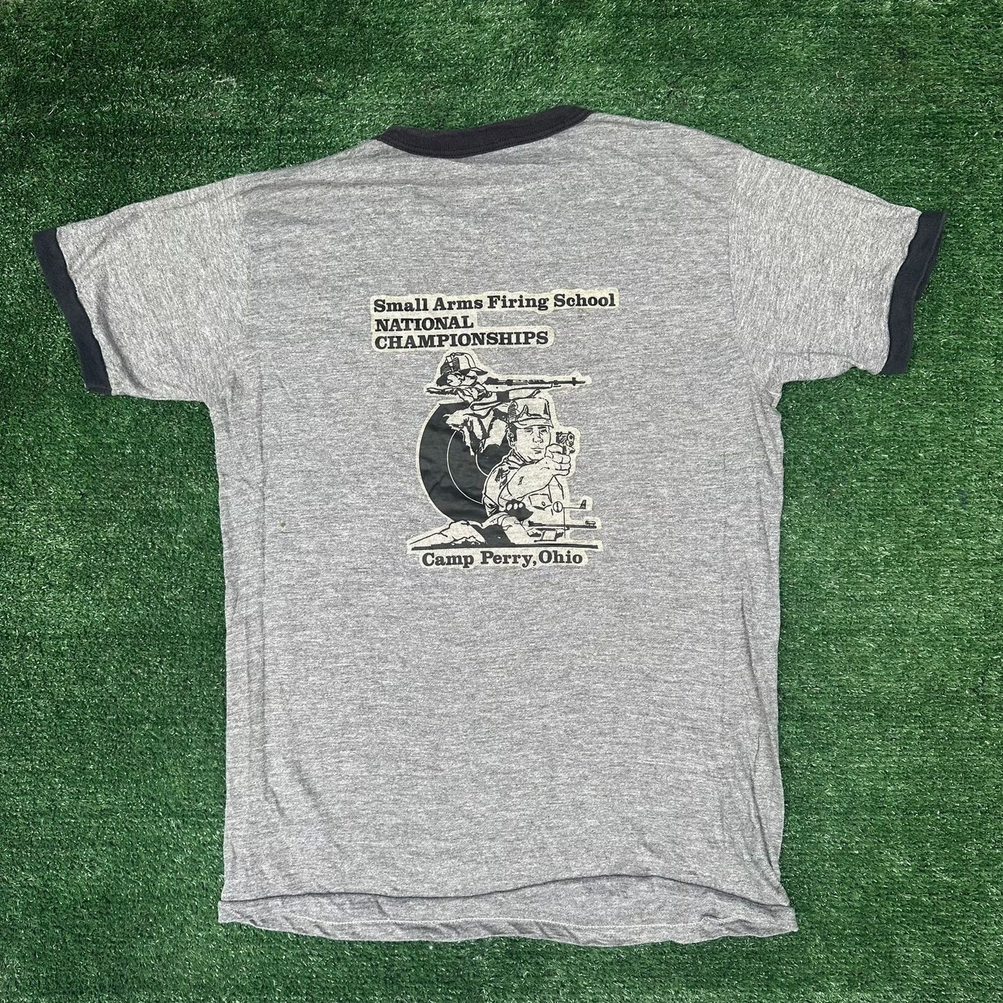 Vintage 70s Camp Perry Rifle Firing School Ringer T-Shirt Paper Thin Soft S/M