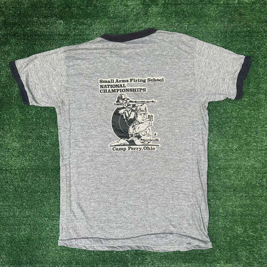 Vintage 70s Camp Perry Rifle Firing School Ringer T-Shirt Paper Thin Soft S/M
