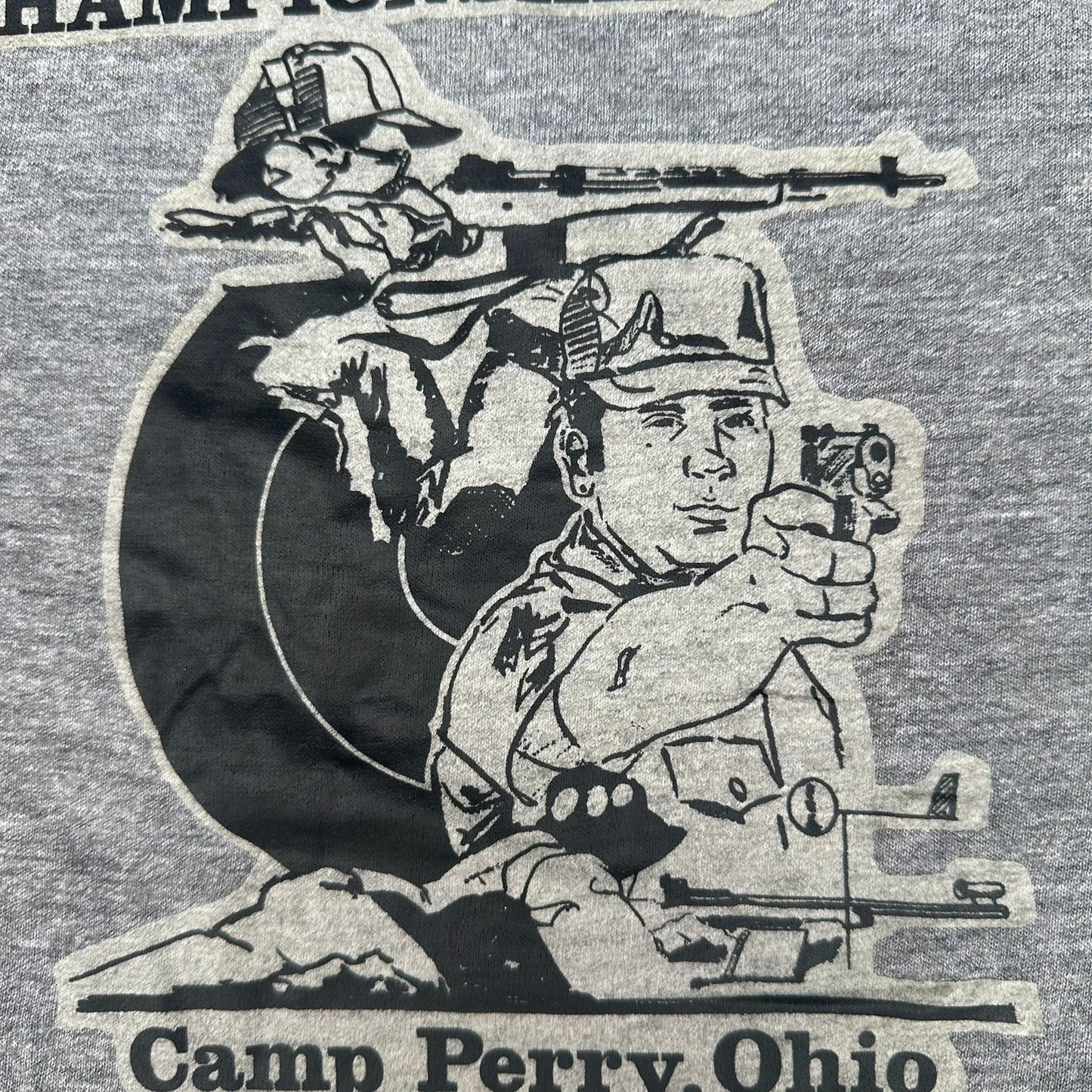 Vintage 70s Camp Perry Rifle Firing School Ringer T-Shirt Paper Thin Soft S/M