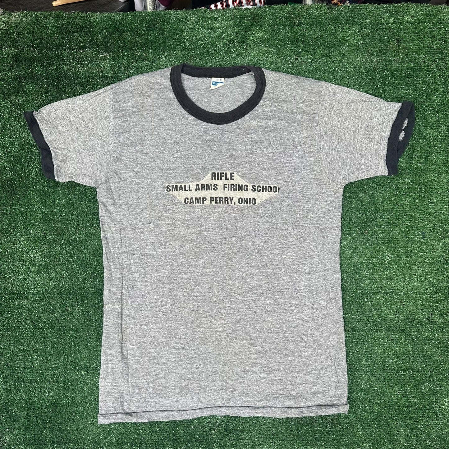 Vintage 70s Camp Perry Rifle Firing School Ringer T-Shirt Paper Thin Soft S/M