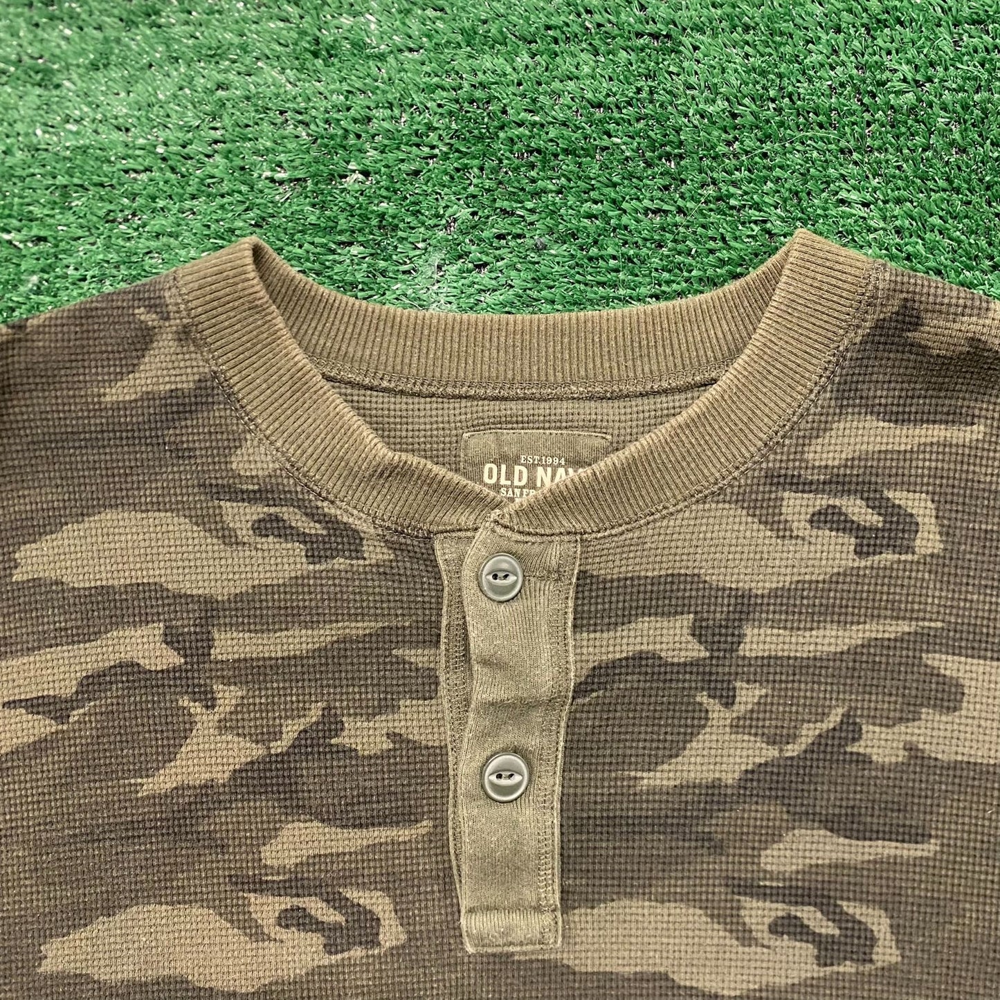 Vintage Y2K Forest Camo Essential Baggy Thermal Henley Tee