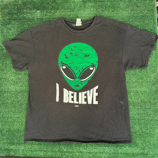 Vintage Y2K I Believe Aliens T-Shirt Sci-Fi Skate Sun Faded Black XL Streetwear