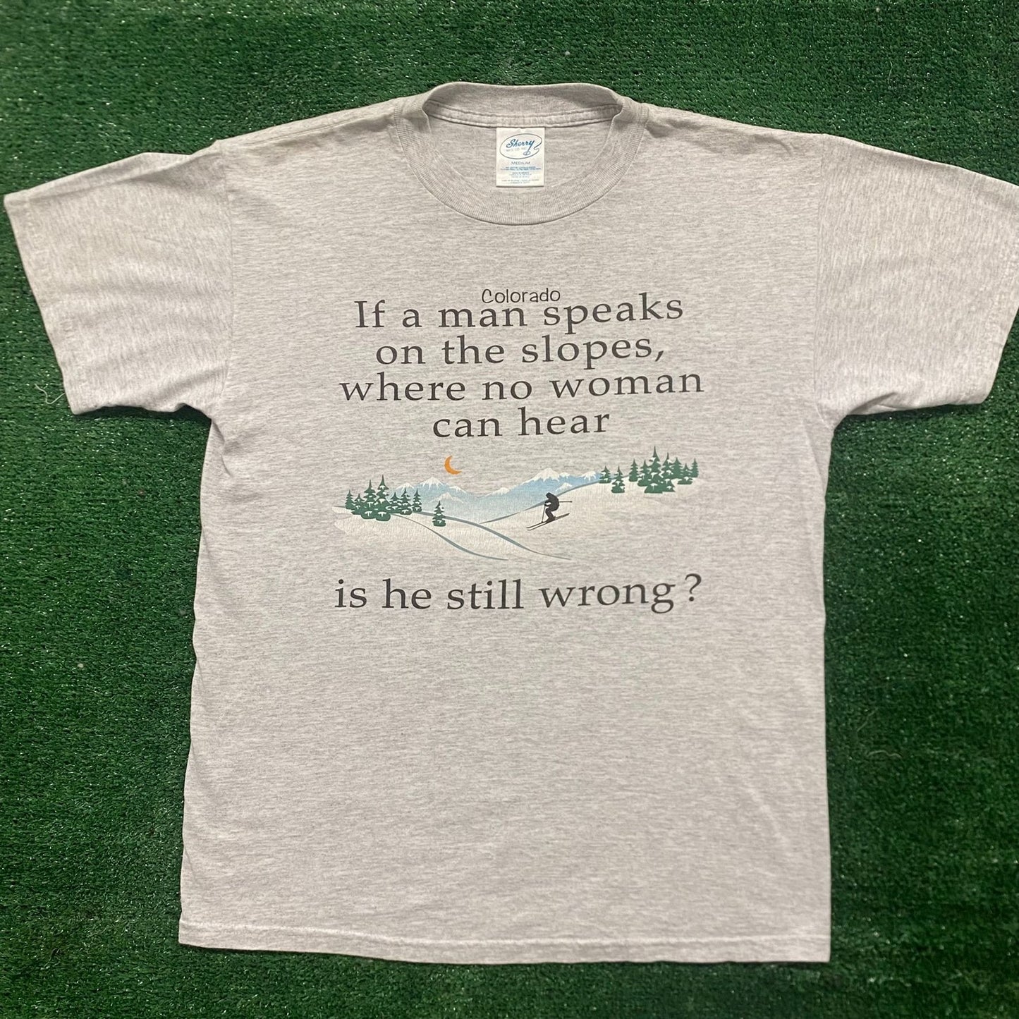 Vintage 90s Men Skiing Humor Shirt Gray Funny Quote Tee