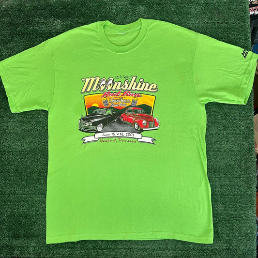 Vintage Y2K Moonshine Rod Run Car Show T-Shirt Green L Classic Hot Rod 2007