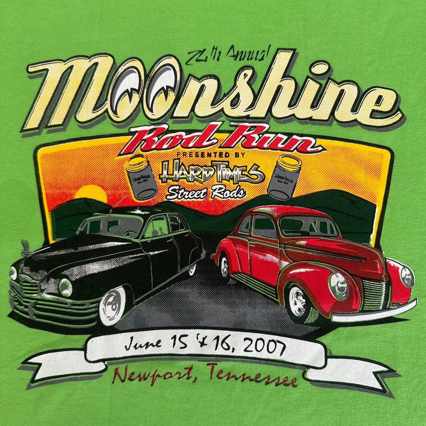 Vintage Y2K Moonshine Rod Run Car Show T-Shirt Green L Classic Hot Rod 2007