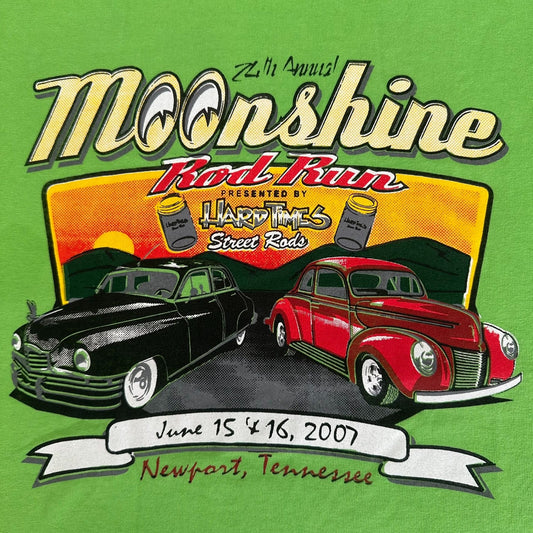 Vintage Y2K Moonshine Rod Run Car Show T-Shirt Green L Classic Hot Rod 2007