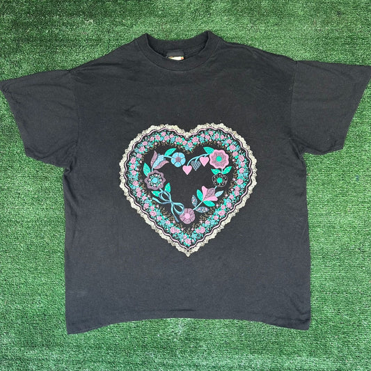Vintage 90s Floral Lace Heart T-Shirt Black L Single Stitch Grandma Whimsigoth