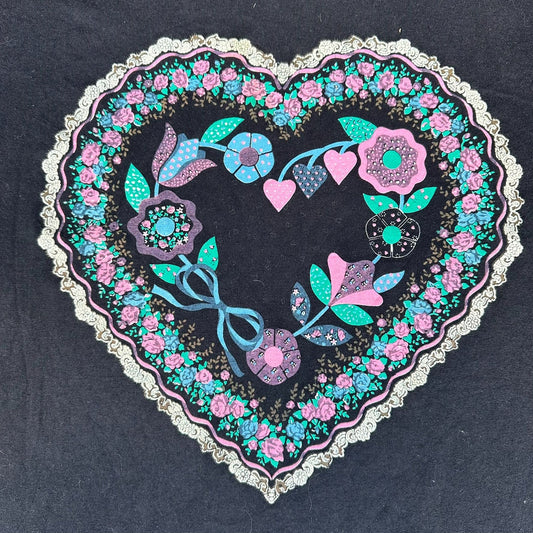 Vintage 90s Floral Lace Heart T-Shirt Black L Single Stitch Grandma Whimsigoth