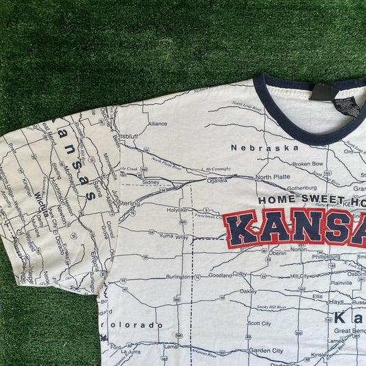 Vintage 90s Kansas Map AOP Shirt Highway City Over Print Tee