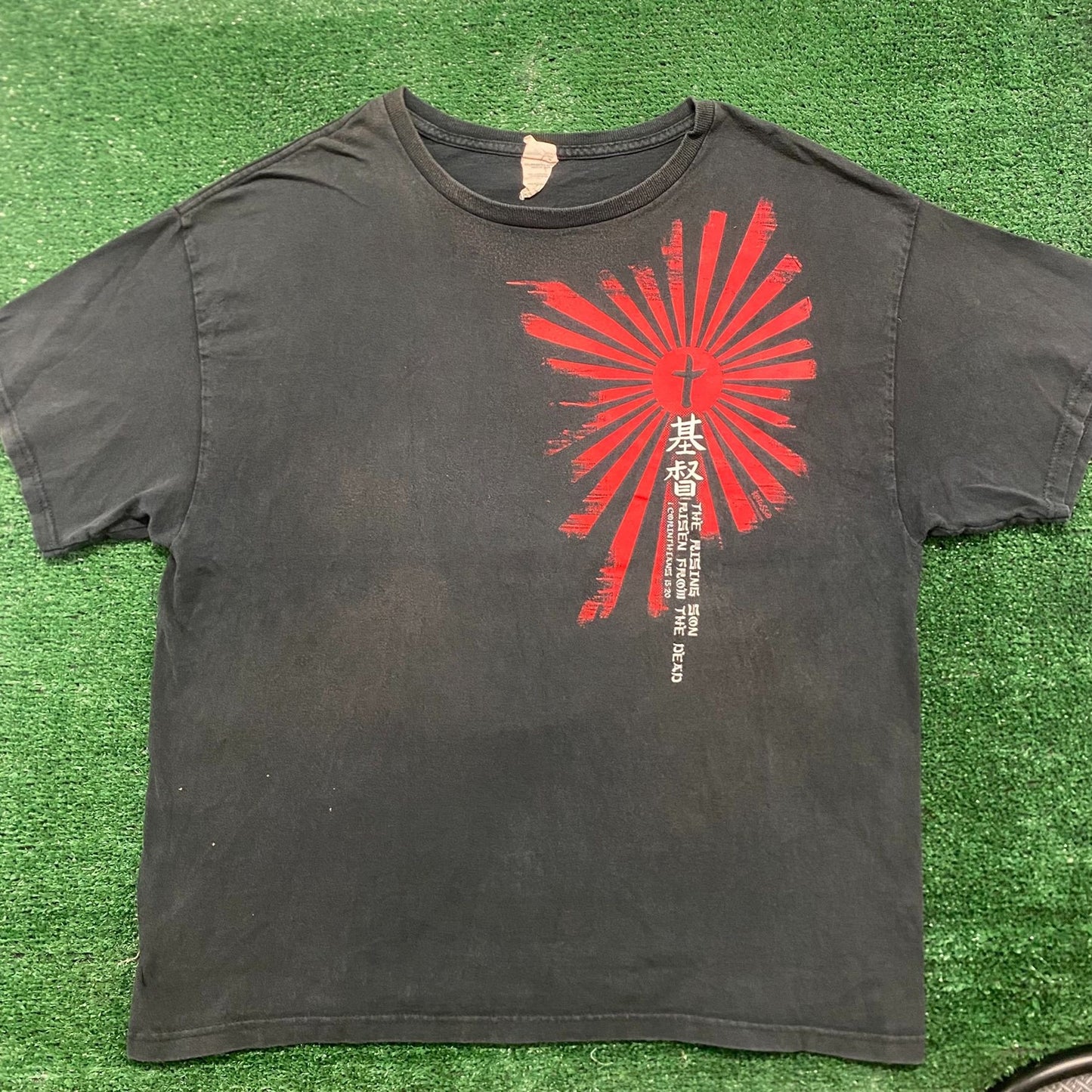 Vintage Y2K Japan Cross Rising Sun Faded Punk Religion Tee