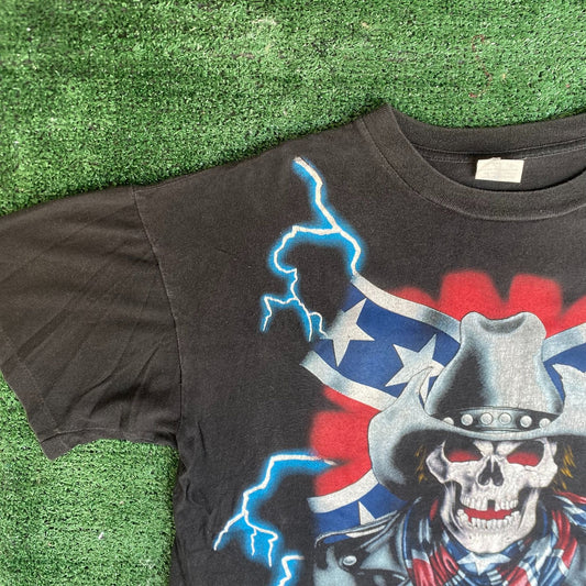Vintage 90s American Thunder Shirt Cowboy Skull AOP Punk Tee