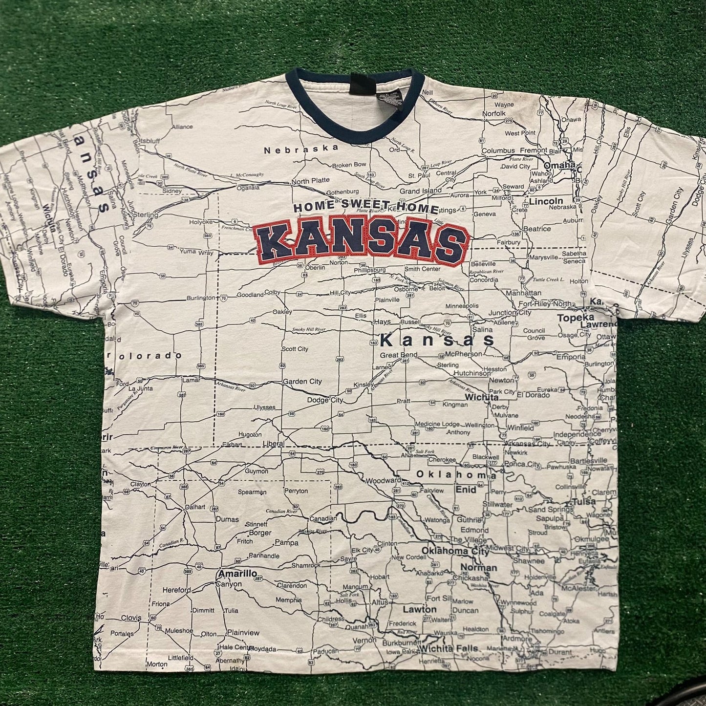 Vintage 90s Essential Kansas Road Map All Over Print T-Shirt