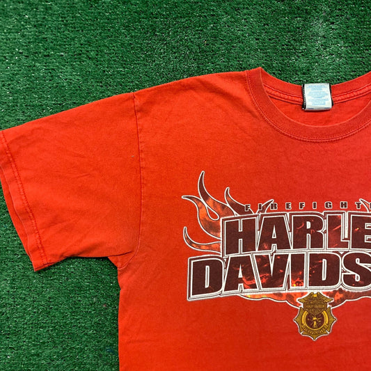 Vintage Y2K Harley Davidson Flame Firefighter Biker T-Shirt