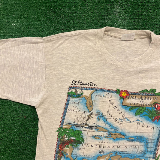 Vintage 90s Essential Tropical Caribbean Map Tourist T-Shirt