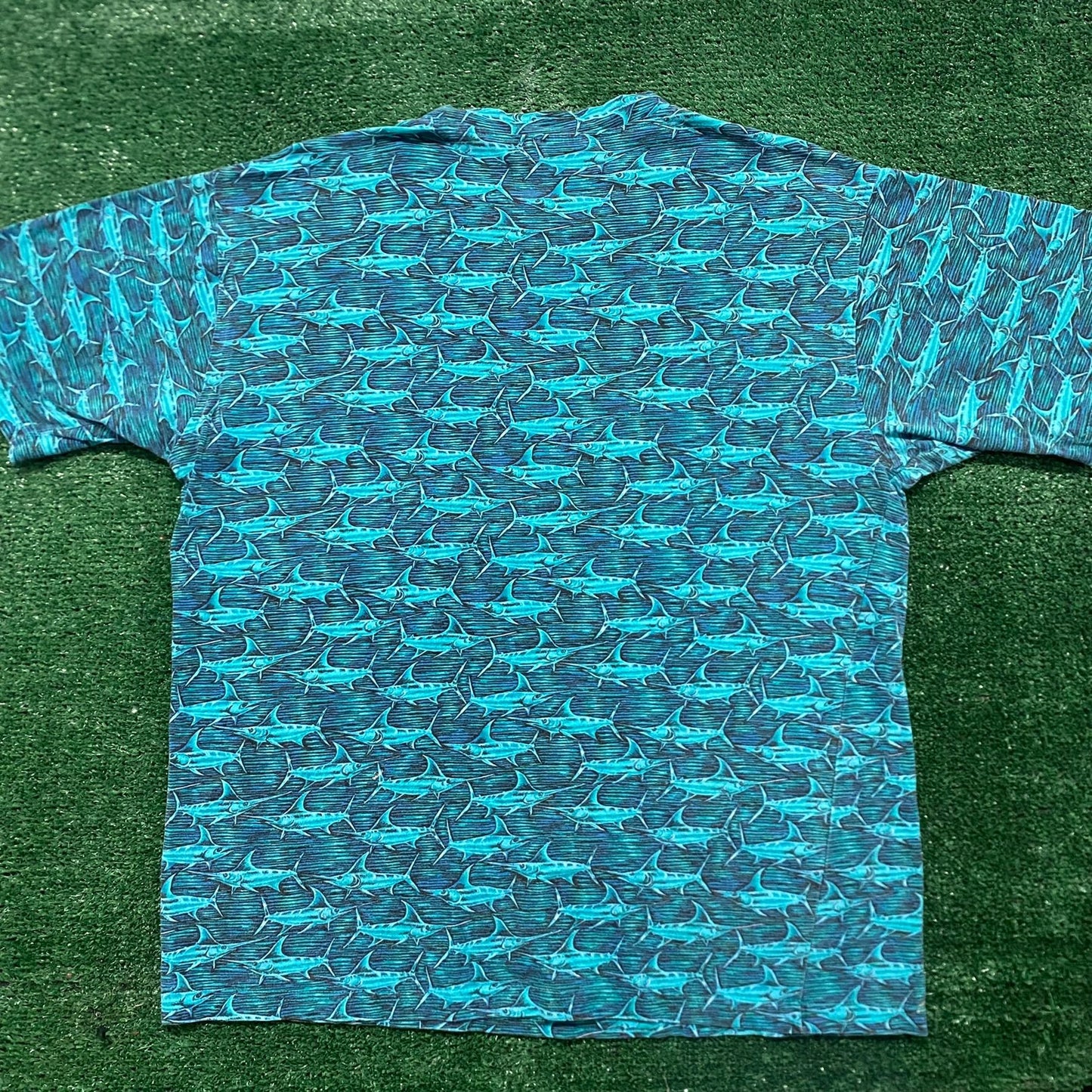 Vintage 80s Nautical Nature AOP Fish Pattern Geometric Tee