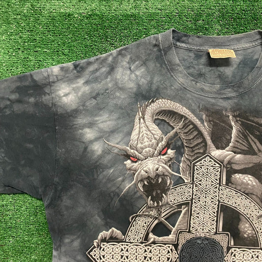 Vintage Y2K Celtic Dragon Cross Tie Dye Goth Grunge Punk Tee