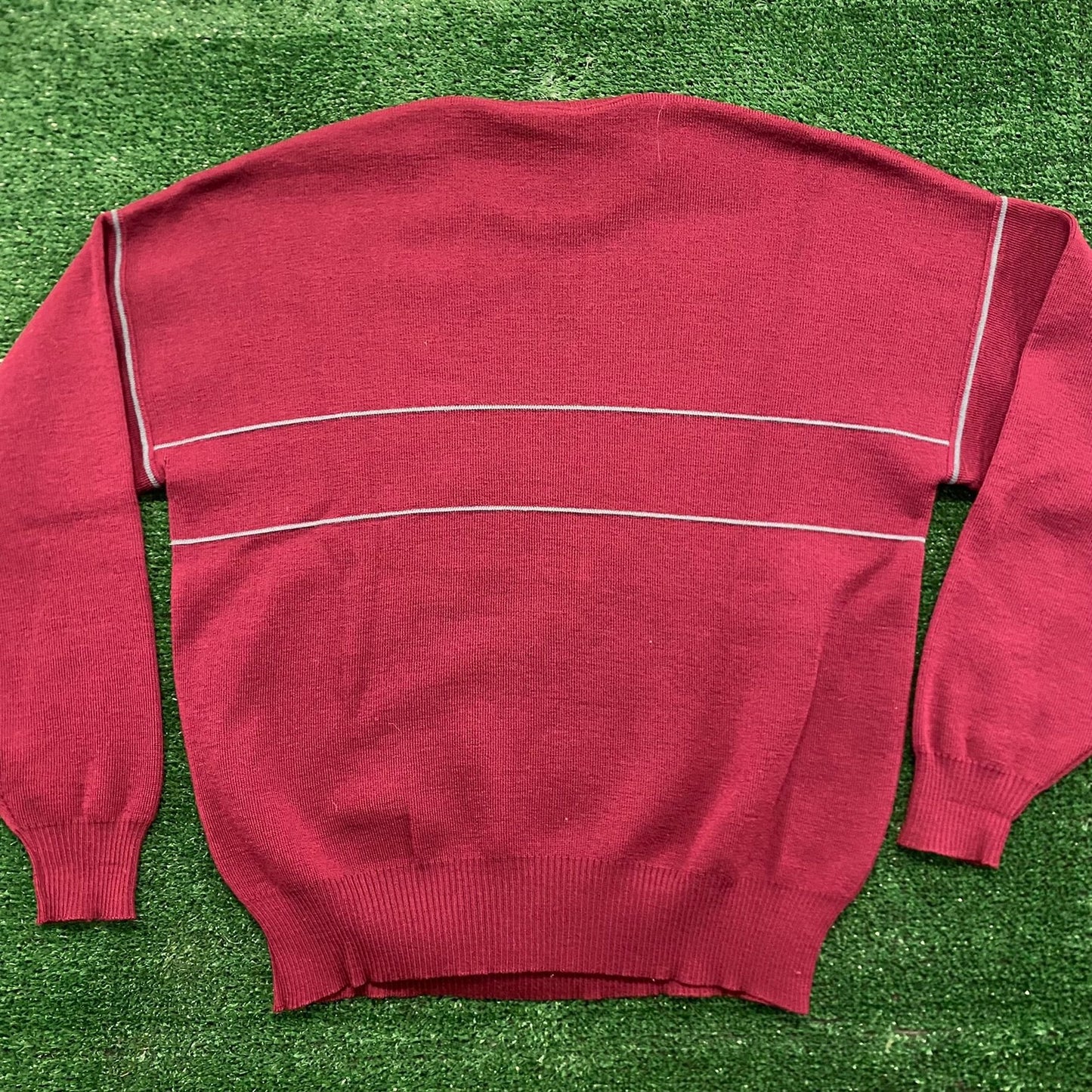 Burgundy Virgin Wool Striped Vintage Knit Crewneck Sweater