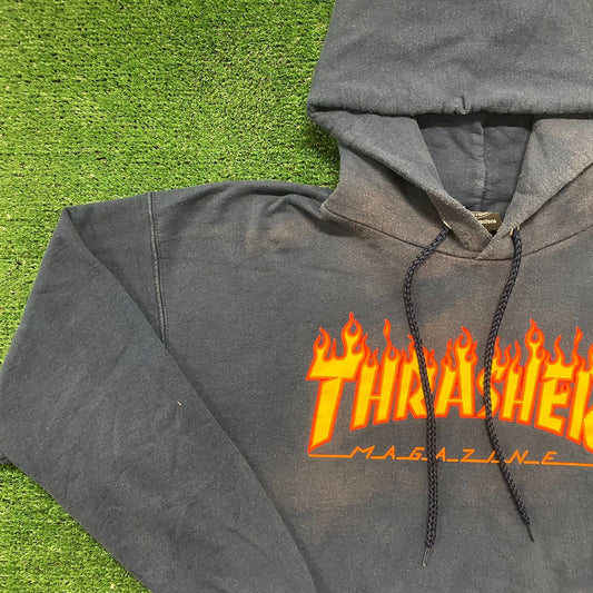 Vintage Y2K Thrasher Magazine Flame Logo Faded Navy Hoodie