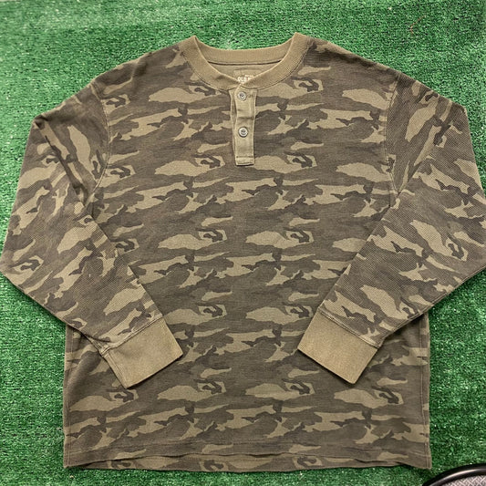 Vintage Y2K Forest Camo Essential Baggy Thermal Henley Tee